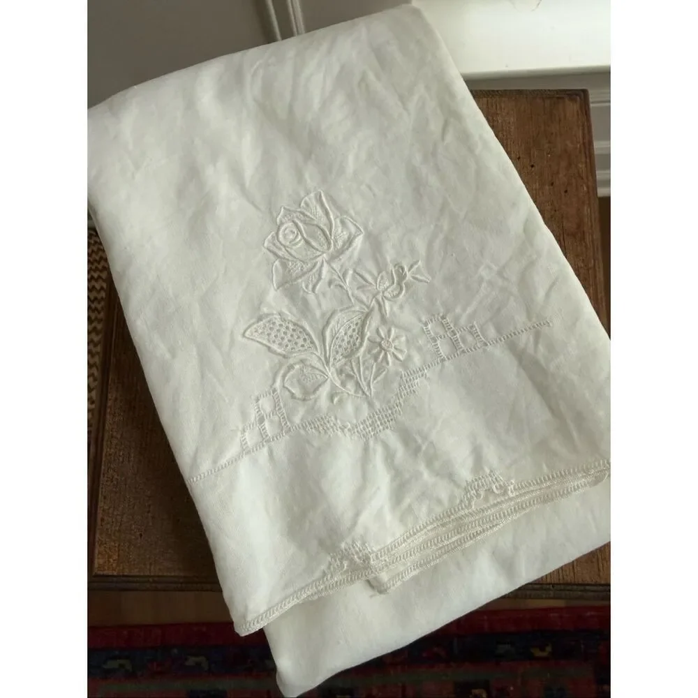 2 Vintage Queen Size Pillowcases Tonal Embroidered Floral Hemstitch Edge
